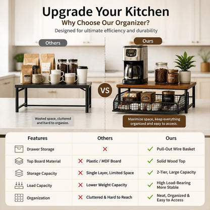 Kitchen Countertop Organizer with Drawers,Microwave Oven Rack，Natural Wood | Microwave Storage Rack with Pull-Out Drawer Basket,Space-Saving Counter Shelf Rack for Kitchen,No Installation Required4