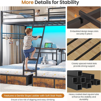 Triple Bunk Bed with 8 Storage Drawers,Charging Station and LED Lights Full over Twin Bunk Beds with Storage Headboard,Shelves & Boxes,Metal Bunk Beds for 3 with Safe Guardrail and Stair,Black8