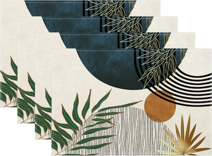 Mid Century Placemats 12X18 Inches Set of 4, Modern Boho Green Navy Blue Tropical Leaf Decorative Rectangle Table Mats for Party, Home Kitchen,Dining Table Decoration1