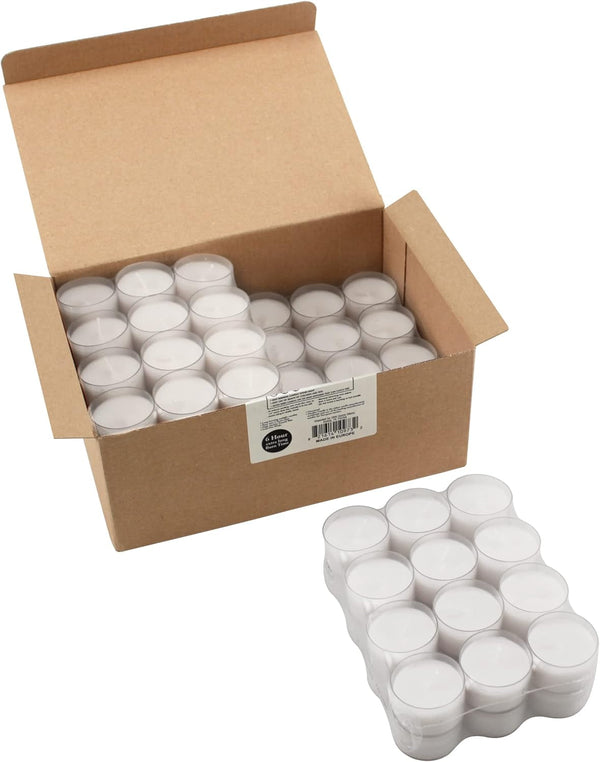 96 Count White Unscented Smokeless Long Burning Clear Cup Tea Light Candles with 6 to 7 Hour Burn Time6