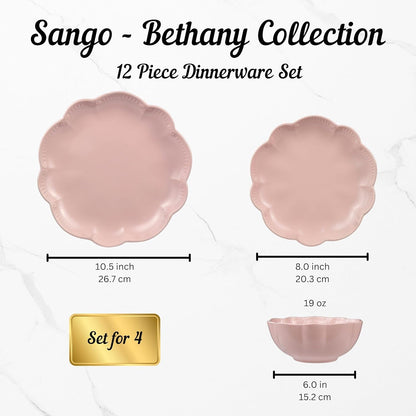 12 Pieces Scalloped Dinnerware Set, Modern Pink Dishes for 4, Premium Serving Plates & Bowls Sets, Chip Resistant, Blush Ceramic Dishware, Kitchen Dish, Microwave & Dishwasher Safe, Bethany2