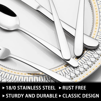 Close-up of shiny 18/0 stainless steel flatware set with classic design on decorative plate