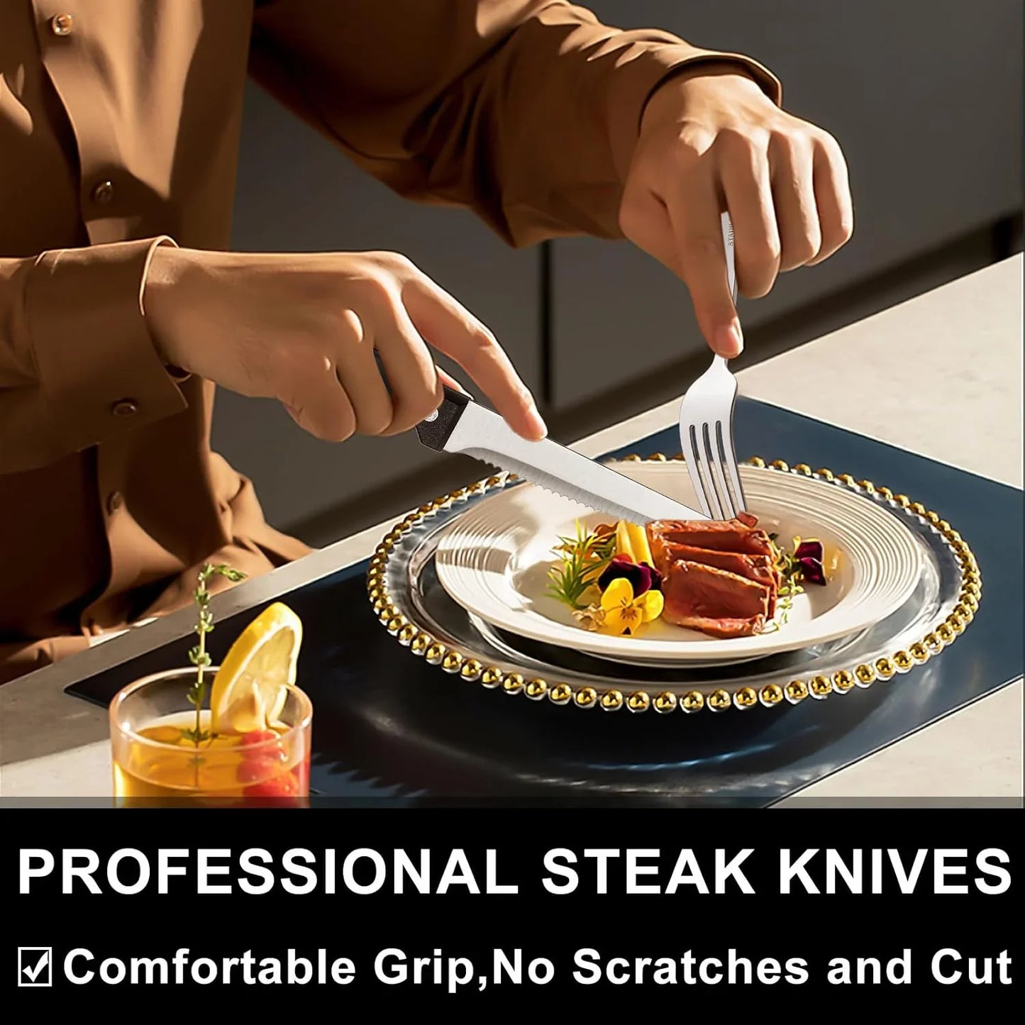Person using professional stainless steel steak knife and fork to cut steak on decorative plate
