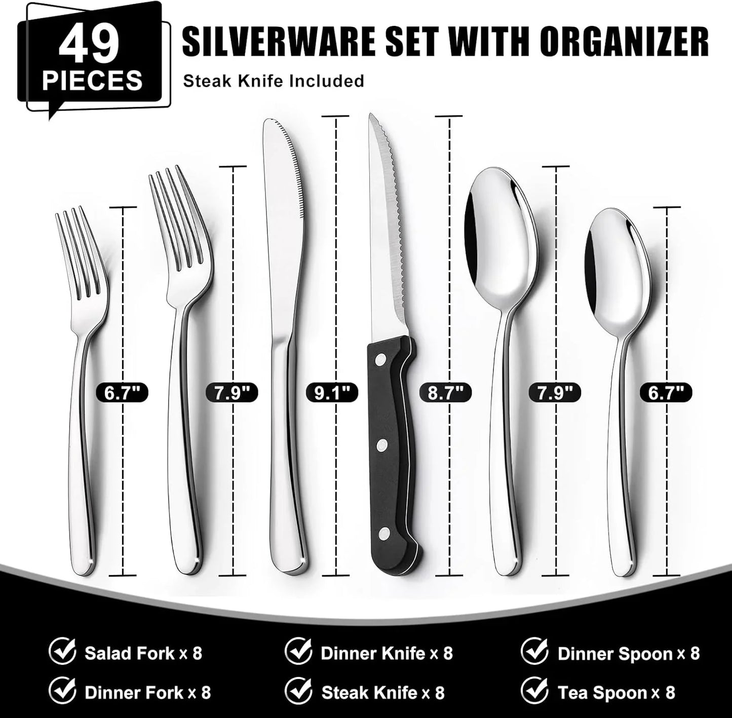 49-piece stainless steel silverware set for 8 with organizer, includes forks, knives, spoons, and steak knives