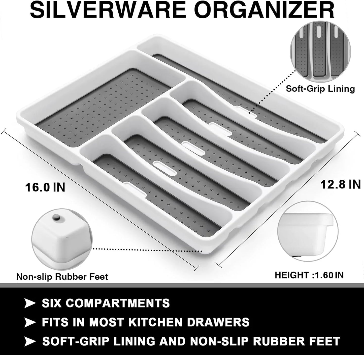 White silverware organizer with six compartments, soft-grip lining, non-slip rubber feet, 16x12.8 inches