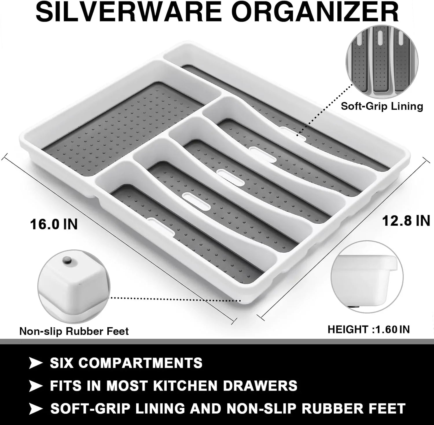 White silverware organizer with six compartments, soft-grip lining, non-slip rubber feet, 16x12.8 inches