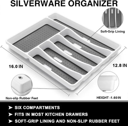 White silverware organizer with six compartments, soft-grip lining, non-slip rubber feet, 16x12.8 inches