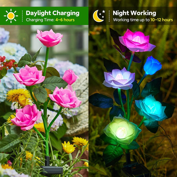Solar Garden Lights Outdoor, 3 Pack Solar Flower Lights with 15 Rose Flowers, Multi-Color Changing LED Waterproof Solar Lights, Garden Decor for Landscape Pathway, Gifts for Women2