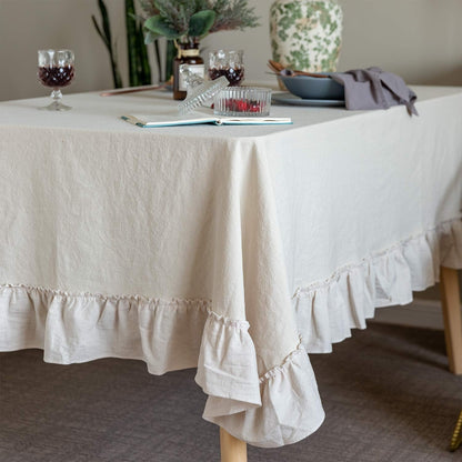 Retro Farmhouse Ruffle Tablecloth Cotton Flounces Trim Washable Table Cover Tablecloths for Rectangle Table Baby Shower Kitchen Party Wedding Decor, 52''X70''2