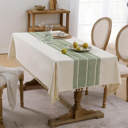 Outdoor Linen Tablecloth Square, Waterproof Cotton Boho Farmhouse Table Cloths with Tassel, Heavy Weight Wrinkle Free Table Cover for Picnic Camping Dining - 55 X 55 Inch, Sage Lines7