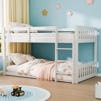 Solid Wood Low Twin over Twin Bunk Bed for Kids/Junior, Bunk Bed Frame with Guardrails & Ladder for Boys Girls, No Box Spring Needed (White)1
