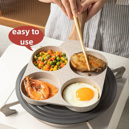 Four-Cup Fried Egg Pan, Medical Stone Non-Stick Frying Pan for Breakfast,Divided Skillet Suitable Gas Stove and Induction Cooker (3-Inch Eggs) White4
