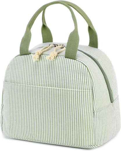 Lunch Box for Women Cute Lunch Bag Reusable Insulated Lunch Bags Large Capacity Lunchbox Cooler for Work Picnic or Travel Gifts (A Sage Green White Stripes, 10 X 7.5 X 8 Inches)1