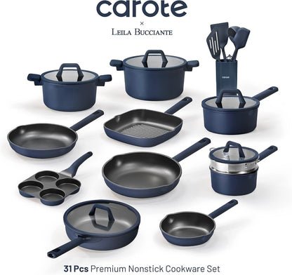 31Pcs Pots and Pans Set, Nonstick Cookware Set | Durable, Easy Food Release, Cooking Set with Silicone Utensils, Even Heating, All-Stovetop Compatible，Blue2