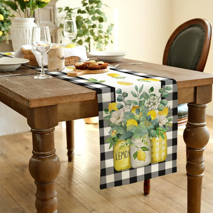 Black Buffalo Check Summer Table Runner 13 X 60 Inch, Lemon Vase Spring Farmhouse Rustic Holiday Runners Kitchen Dining Table Decoration for Indoor Outdoor Dinner Party Décor4