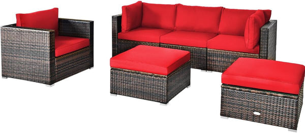 6 Pieces Wicker Patio Furniture Set, PE Rattan Outdoor Sectional Conversation Set with Glass Coffee Table & Ottoman, Wicker Sofa Set with Cushions for Yard Garden, Deck, Porch (Red)9