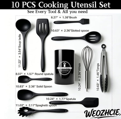 Silicone Kitchen Utensils Set,10 PCS Cooking Kitchen Utensils Set, Nonstick Kitchen Utensils 446°F Heat-Resistant Cookware Kitchen Tools of Spoon,Brush,Whisk,Spatula,Turner Tongs(Black)3