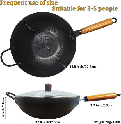 Nonstick Wok,Carbon Steel Wok 12.8-Inch Pan with Glass Lid,Woks & Stir-Fry Pans for Frying Electric,Induction,Gas Stoves Cooking5