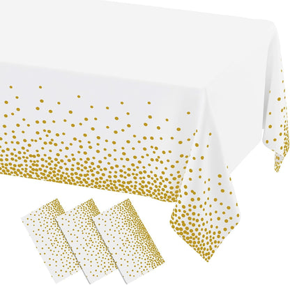 3 Packs Dot Disposable Table Cloth, 54 X 108 Inch Waterproof Plastic Tablecloth, Rectangle Gold Dots in White Table Covers for Picnic, Birthday, Party and Back to School1