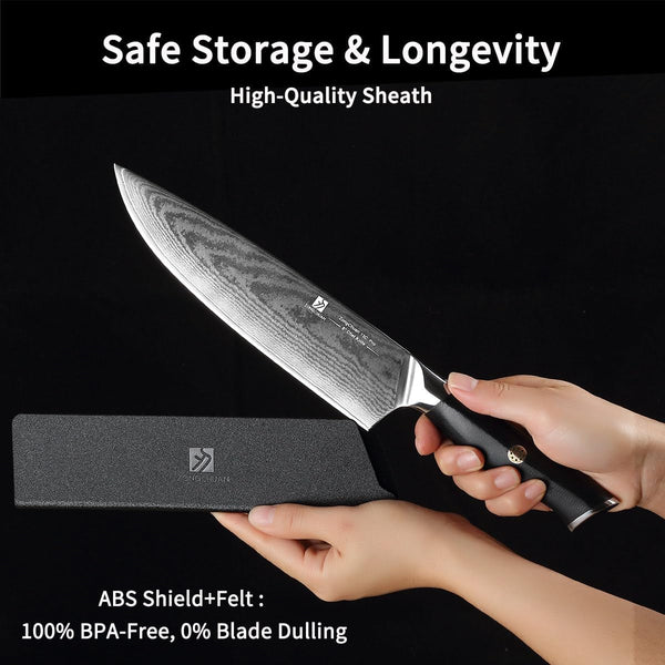 8-Inch Damascus Chef Knife, 67-Layer High Carbon Stainless Steel Kitchen Knife with Ergonomic G10 Handle, Protective Sheath & Gift Box for Home and Professional Use7