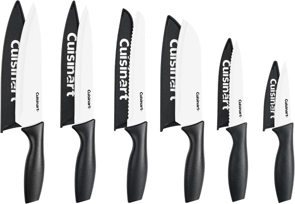 Knife Set, 12Pc Ceramic Coated Knife Set with 6 Blades & 6 Blade Guards, Lightweight, Stainless Steel, Durable & Dishwasher Safe (Black/White)1