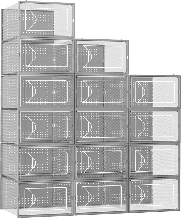 Shoe Storage Box, 15 Pack Clear Plastic Stackable Organizer for Closet, Interlocking Design Shoes Container Bins for Sneakers, Foldable Shoe Rack with Lids, Grey1