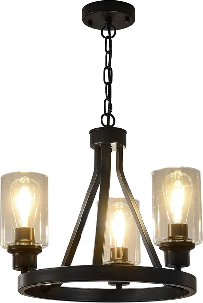 Bronze Chandelier,Farmhouse Chandelier Lighting round 3 Lights with Glass Shade Ceiling Hanging Vintage Rustic Light Fixture for Dining Room Living Room Foyer Porch Kitchen Island1
