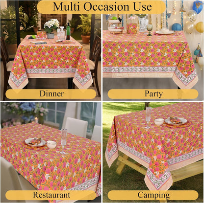 '-Bubblegum Pink Cotton Tablecloth, Handblock Print Floral Table Cloth for Kitchen Dining Linen I Thanksgiving, Christmas, Wedding, Fall Décor 4 Seater 60X60 Inches Square5