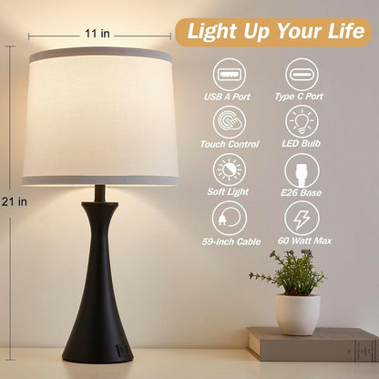 Touch Table Lamps Set of 2, 21" Bedside Lamps with USB C+A | 3 Way Dimmable Nightstand Lamps with Linen Shades, 2 LED Bulbs Included, Touch Lamp for Living Room, Bedroom and End Tables2