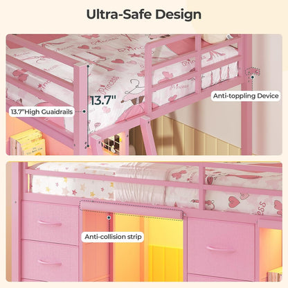 Kids Low Loft Bed Twin Size with Desk and 7 Storage Drawers, Pink5