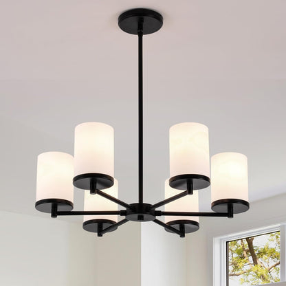 Black Chandelier, Modern 6-Light Dining Room Light Fixture over Table with Frosted Glass Shades, Farmhouse Kitchen Chandelier Ceiling Lighting for Living Room, Bedroom, Entryway, Height Adjustable1
