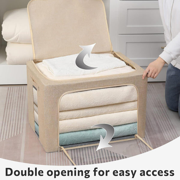 2 Pack Clear Window Storage Bins Foldable Fabric Storage Bins Boxes for Clothes Stackable Box Organizer Set with Carrying Handles (Beige, 22L,15.7X 11.8X 7.8 Inch)5