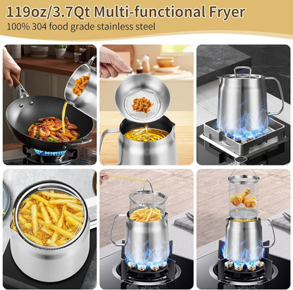 119Oz 304 Stainless Steel Deep Fryer Pot with Basket & Strainer, Large Capacity Bacon Grease Container for Kitchen,Frying, Cooking, Camping,Oil Filter Container - Dishwasher Safe (119Oz/3.5L/3.7Qt)2