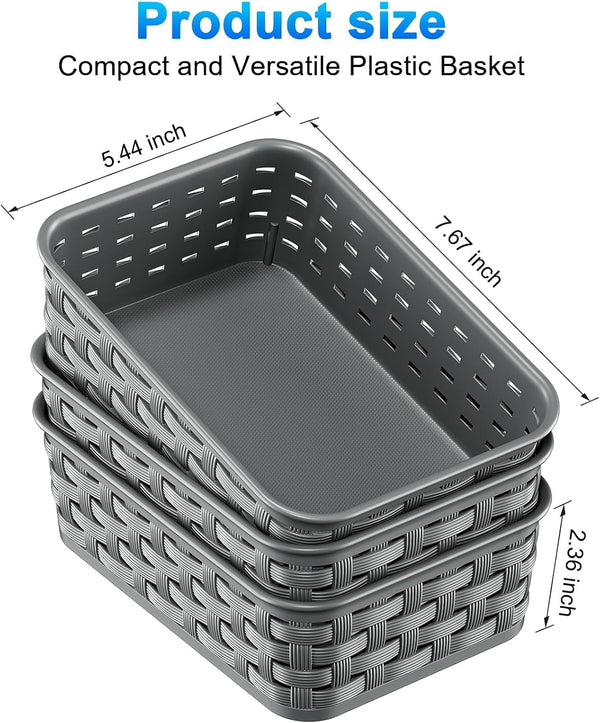 3 Pack Small Plastic Basket, Storage Bin Baskets for Organizing, Pantry Organizer Household Wicker Storage for Laundry Room, Bedrooms, Kitchens, Cabinets, Countertops, Dark Gray3