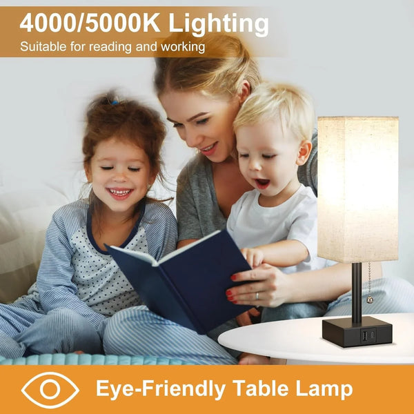 Small Bedside Table Lamp for Bedroom - Desk Lamp for Nightstand, USB C+A | Pull Chain Lamp, 3 Color Modes(3000K/4000K/5000K), E26 LED Bulb Included, Square Beige Fabric Lampshade, for Read, Work, Dorm4