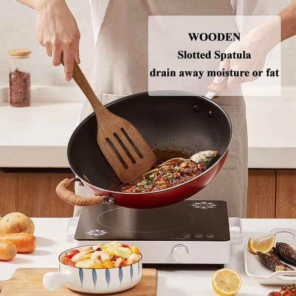 Wooden Spatula for Cooking 12 Inches Wood Spatula Slotted Turner Cooking Utensils for Nonstick Cookware, Kitchen Spatulas for Fish, Eggs, Pancakes, 2 Pack5