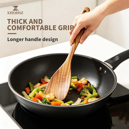 Natural Teak Wood Cooking Utensils, Wooden Spatula Set with Paddle, Turner, Slotted Spurtle & Scraper, Long Ergonomic Handle, Safe for Non-Stick Pans (4 Pack)6