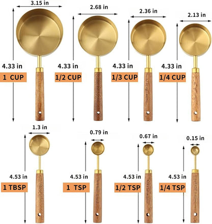 Gold Measuring Cups and Spoons Set Stainless Steel Wood Handle US Metric2