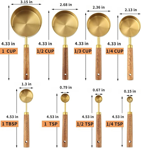 Gold Measuring Cups and Spoons Set Stainless Steel Wood Handle US Metric2
