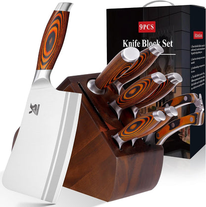 9Pcs Knife Block Set, German Steel Kitchen Knife Set with Bone Chopper, Precious Pakkawood Handle for Chef Knife Block Set1