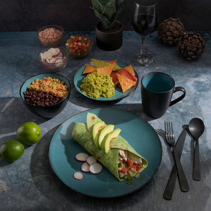 Soho Lounge 16-Piece round Reactive Glaze Stoneware Dinnerware Set, Service for 4 – Teal Plates and Bowls6