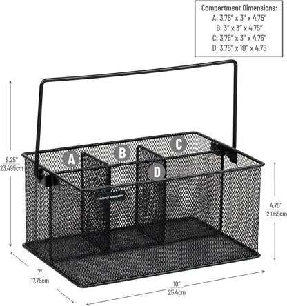 Multi-Purpose Storage Caddy with Handle, Desktop Organizer, Cutlery Holder, 4 Compartments, Metal Mesh, Black3