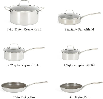 Badgley Hybrid Nonstick 10 Piece Triply Stainless Steel Pots and Pans Non-Toxic Kitchen Cookware Set - Laser Etched Perfect Sear Nonstick W/Stay Cool Handle Dishwasher & Induction Safe2