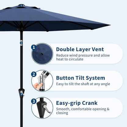 9FT Umbrella Outdoor Patio, Table Umbrella with Push Button Tilt and Crank, 8 Sturdy Ribs Waterproof UV Protection for Garden, Pool, Backyard, Market | Table Umbrella Waterproof UV Protection for Garden, Pool, Deck, Backyard, Market (Navy)3