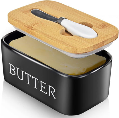 Ceramic Butter Dish with Lid and Knife & Silicone Seal for Countertop Black | Suitable Capacity, Great Sealing, Home Decor Kitchen Gift Housewarming Gift1