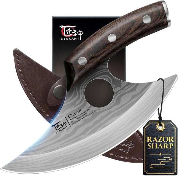 Lightweight Ulu Knife, Salad Rocker Chopper with Leather Sheath1
