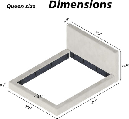 Queen Size Cloud Upholstered Bed Surround, Soft Chenille Padded Bed Frame, Low Profile Floor Bed with Headboard, Minimalist Modern Style, No Box Spring Needed, off White2