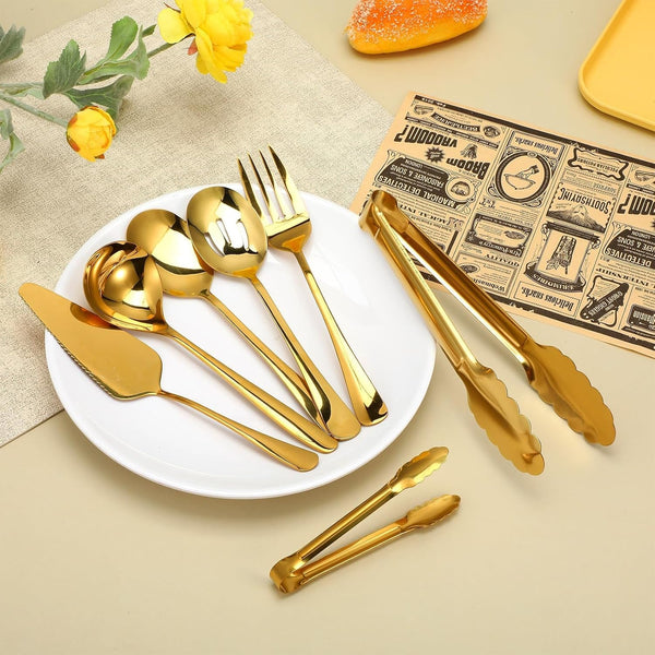 12 Pieces Gold Serving Utensils, Stainless Steel Cooking Utensils Set, Include Serving Spoons, Slotted, Spoons, Forks, 2 Sizes Tongs, Soup Ladle and Pie Cake Server for Kitchen Restaurants Buffet5
