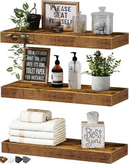 Floating Shelves for Wall Bathroom Shelf Bedroom Kitchen Living Room Hanging Book Shelves Small Farmhouse Decor 16 Inch Set of 3, Rustic Brown (015-BN3)1