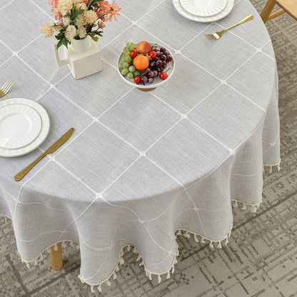 Lattice Embroidery Plaid round Tablecloth with Tassel, round 70 Inch, Grey4